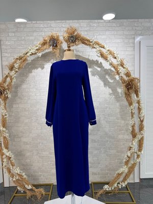 Jakarlı Krep Elbise Mavi