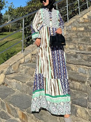 Yeşil Ekru Krem Oversize Yazlık Viskon Elbise