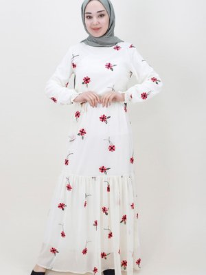 Ekru Nakış Modelli Şifon Kumaş Elbise Ekru Nakış Modelli Şifon Kumaş Elbise