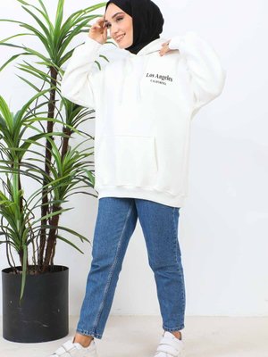 Krem Kapüşonlu Üç İplik Şardonlu Sweatshirt Krem Kapüşonlu Üç İplik Şardonlu Sweatshirt