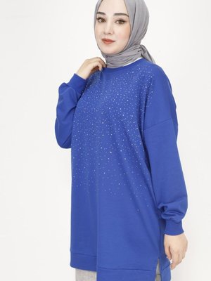 Saks Taş Baskılı İp Kumaş Sweatshirt Saks Taş Baskılı İp Kumaş Sweatshirt
