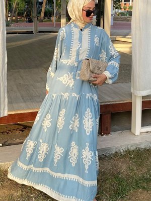 Yeşil Ekru Etnik Desen Premium Kumaş Desenli Viskon Elbise