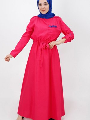 Fuşya Cep Zincir Detaylı Bürümcük Kumaş Elbise Fuşya Cep Zincir Detaylı Bürümcük Kumaş Elbise