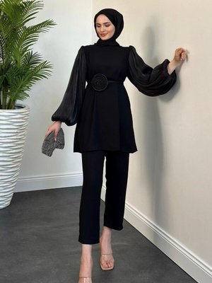 Samara Gül Detay Pantolon Takım Siyah