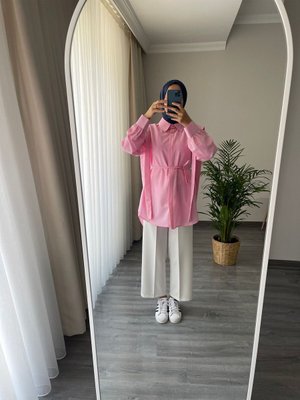 Pile Detay Gizli Düğme Bel Bağlamalı Tesettür Gömlek