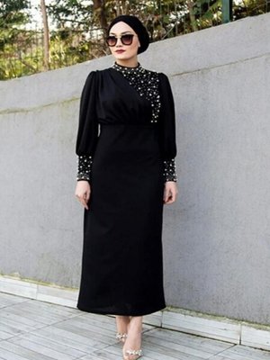 Siyah İnci Detaylı Özel Gün Abiye Elbise Siyah İnci Detaylı Özel Gün Abiye Elbise