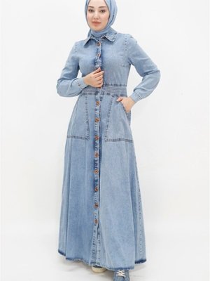 Buz Mavi Yaka Cepli Kot Spor Gömlek Elbise Buz Mavi Yaka Cepli Kot Spor Gömlek Elbise