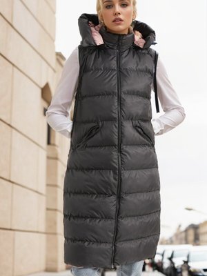 Siyah Pudra Fermuarlı Uzun Şişme Yelek Siyah Pudra Fermuarlı Uzun Şişme Yelek