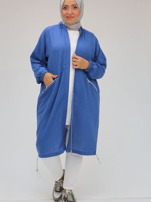 İndigo Büyük Beden Yakası Lastikli Fermuarlı Kap