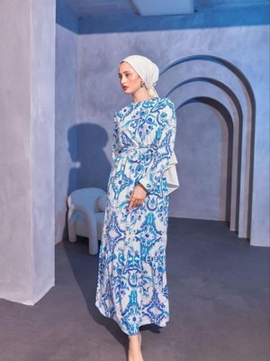 Mavi Desenli Kemerli Elbise Mavi Desenli Kemerli Elbise