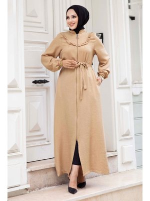 Camel Önü Fırfır Detaylı Fermuarlı Ferace