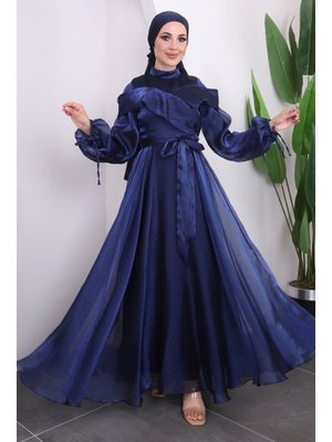 Lacivert Ön Detaylı Balon Kol Abiye Elbise