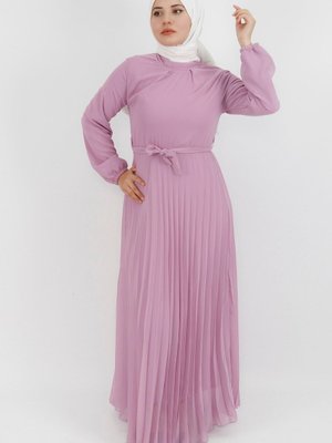 Lila Pilise Detaylı Şifon Kumaş Elbise