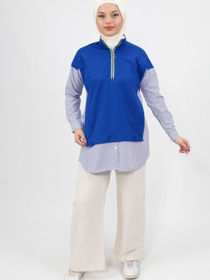 Saks Fermuar Detaylı Gömlek Garnili İplik Kumaş Sweatshirt