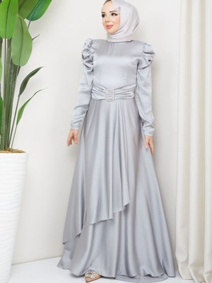 Gri Bade Abiye Elbise