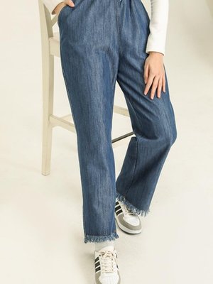 Lacivert Saçaklı Bol Paça Kot Pantolon