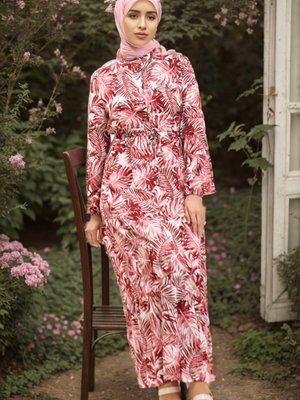 Kırmızı Palmiye Desenli Viskon Bordo Elbise Kırmızı Palmiye Desenli Viskon Bordo Elbise