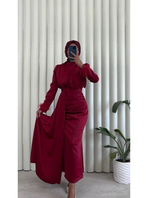 Kuyruklu Kolu Tüylü Yeni Sezon Tesettür Abiye Elbise