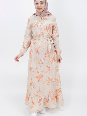 Oranj Keten Kumaş Yakası Fırfırlı Elbise Oranj Keten Kumaş Yakası Fırfırlı Elbise