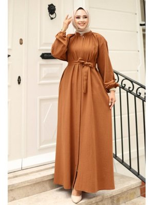 Kahverengi Gizli Fermuarlı Kuşaklı Ferace