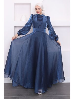 Lacivert Yaka Bel Piliseli Abiye Elbise