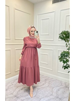 Pembe Yakası Büzgü Detaylı Ayrobin Elbise
