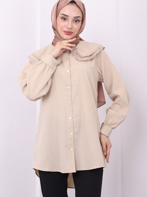 Bej Bebe Yaka Güpürlü Gömlek