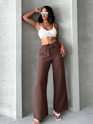Kahve Keten Karışımlı Bol Kesim Pantolon