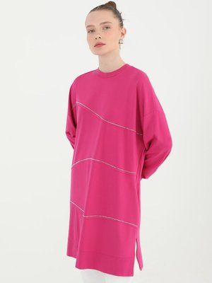 Fuşya Viskon Kumaş Önü Taş Şeritli Tunik