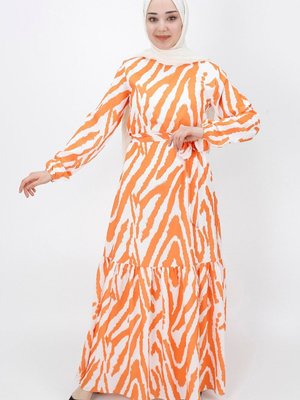 Oranj Zebra Desenli Şifon Kumaş Elbise Oranj Zebra Desenli Şifon Kumaş Elbise