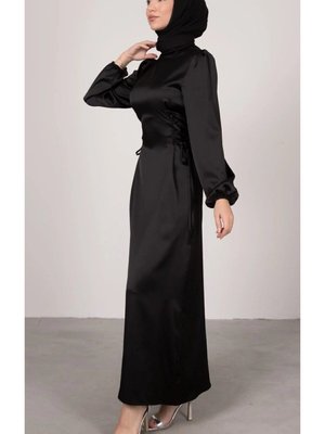 Yandan Çapraz Bağlamalı Saten Abiye Siyah