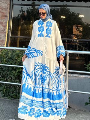 Ekru Mavi Desenli Viskon Elbise