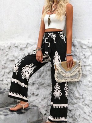 Siyah Beyaz Yüksek Bel Viskon Pantolon