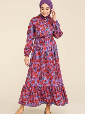 Mor Çiçek Desenli Büzgülü Elbise Mor Çiçek Desenli Büzgülü Elbise