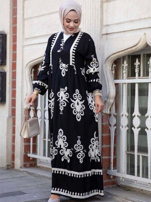 Siyah Premium Viskon Etnik Desenli Elbise