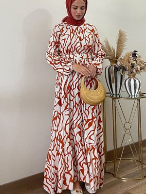 Taba Ekru Mavi Desenli Oversize Kemerl Yazlık Viskon Elbise