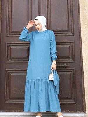 Mavi Bel Kuşaklı Dokuma Viskon Kumaş Şık Elbise Mavi Bel Kuşaklı Dokuma Viskon Kumaş Şık Elbise