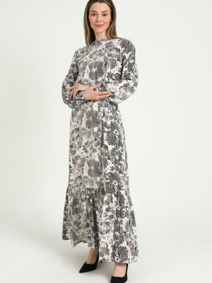 Beyaz Siyah Desenli Kuşaklı Elbise Beyaz Siyah Desenli Kuşaklı Elbise