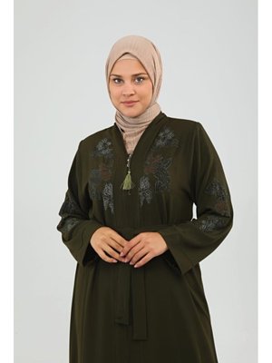 Haki Çiçek Desenli Nakışlı Abaya