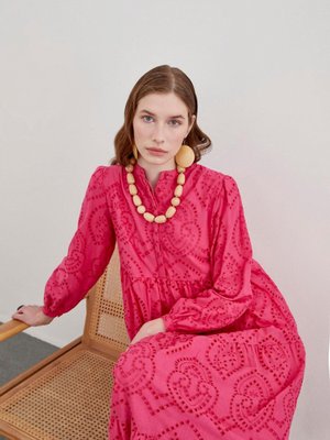 Hakim Yaka Desenli Uzun Fuşya Elbise E