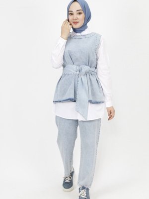 Buz Mavi Kemer Detaylı Kot Kumaş 3lü Takım Buz Mavi Kemer Detaylı Kot Kumaş 3lü Takım