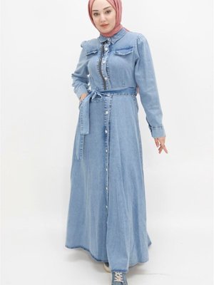 Buz Mavi Cep Detaylı Düğmeli Kot Spor Elbise Buz Mavi Cep Detaylı Düğmeli Kot Spor Elbise