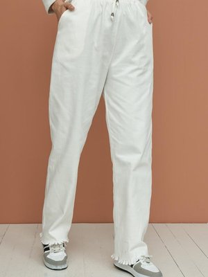 Ekru Saçaklı Bol Paça Kot Pantolon