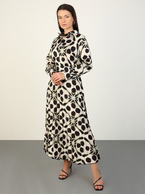 Geniş Kesim Desenli Saten Şık Tunik Siyah Ekru Geometrik Desen