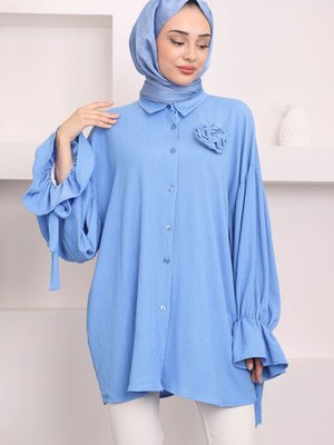 Mavi Kol Detaylı Bronşlu Gömlek