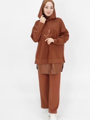 Kahverengi Scuba Kumaş Deri Garnili Kuş Baskı Detaylı Kapüşonlu Sweatshirt