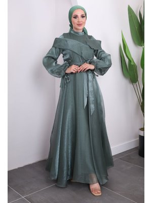 Haki Ön Detaylı Balon Kol Abiye Elbise Haki Ön Detaylı Balon Kol Abiye Elbise