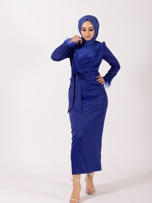 Kol Saçaklı Saten Abiye Elbise Saks