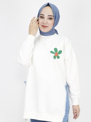 Ekru İp Kumaş Kot Garnili Ve Baskılı Sweatshirt Ekru İp Kumaş Kot Garnili Ve Baskılı Sweatshirt