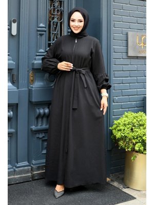 Siyah Balon Kol Detaylı Fermuarlı Ferace